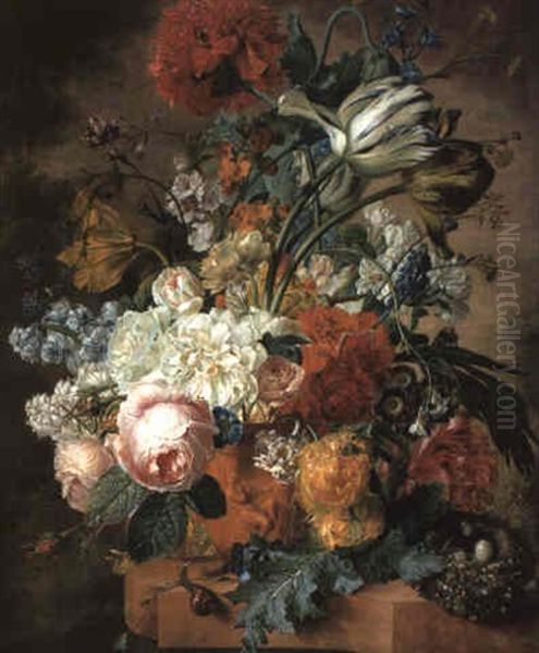 Tulips And Other Flowers With Insects In A Sculpted Urn On A Stone Ledge - view 1