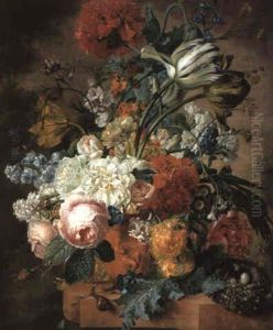 Tulips And Other Flowers With Insects In A Sculpted Urn On A Stone Ledge
