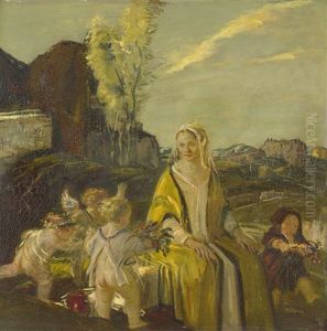 Vor Einer Landschaft Sitzende Frau, Die Von Putten Mit Blumen Beschenkt Wird Vor Einer Landschaft Sitzende Frau, Die Von Putten Mit Blumen Beschenkt Wird