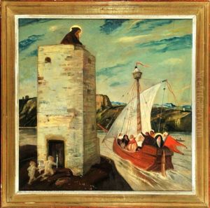 Monch Auf Wachturm Am Flussufer Mit Vorbeifahrendem Segelschiff