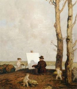 Selbstportrait Des Malers An Der Staffelei Vor Weitem Landschaftshintergrund by Adolf Hengeler