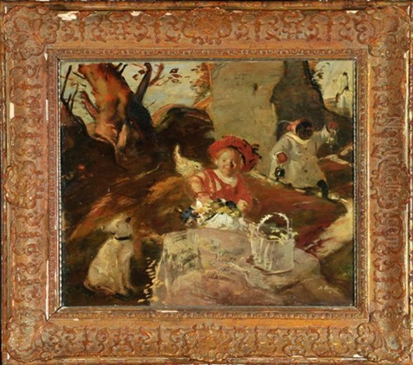 Putto Beim Blumenpflucken Mit Hund Und Nachtwachter In Felsiger Landschaft - view 1