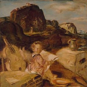 Allgauer Landschaft Mit Geflugeltem Engel, Cello Und Krug by Adolf Hengeler