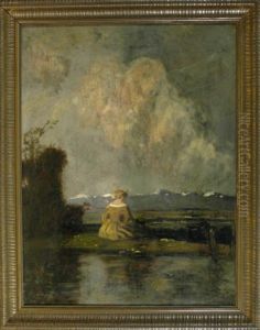 Sitzende Frau Am Teich Mit Blick In Eine Voralpenlandschaft Sitzende Frau Am Teich Mit Blick In Eine Voralpenlandschaft