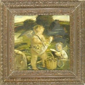 Blumen Sammelnder Putto Und Lesender Putto Auf Einer Wiese by Adolf Hengeler