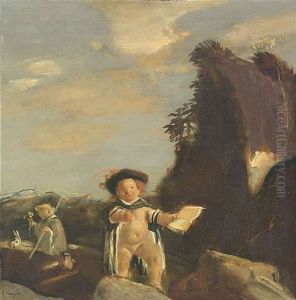 Ostern. Ein Putto Mit Umhang Und Federbarett Prasentiert Ein Buch, Im Hintergrund Eine Figur Im Chorgewand Mit Hirtenstab, Blumen Und Einem Hasen