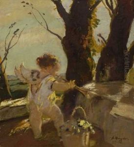 Schalmei Spielender Putto In Baumlandschaft