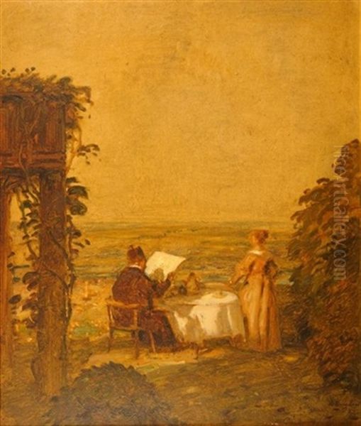 Der Ausblick. Paar Am Fruhstuckstisch Im Garten, Auf Weite Landschaft Blickend - view 1