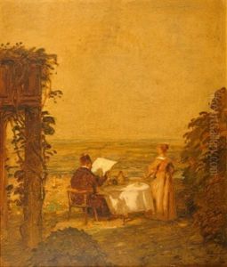 Der Ausblick. Paar Am Fruhstuckstisch Im Garten, Auf Weite Landschaft Blickend