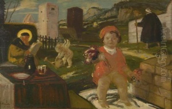Monch, Engel Und Putto In Einer Landschaft - view 1