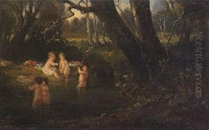Badende Putten Am Waldweiher by Adolf Hengeler