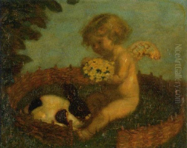 Putto Mit Fruhlingsblumenstrauss Und Kaninchen - view 1