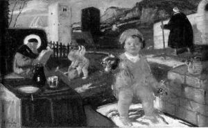 Heiliger Monch, Kind Mit Puppe, Engel Mit Gieskanne Vor Arabischer Architektur by Adolf Hengeler