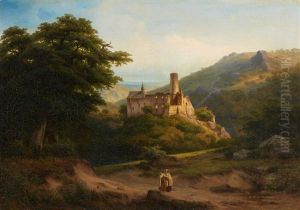 Mountainous Landscape With Castle Ruins And Two Monks by Franz Hengsbach