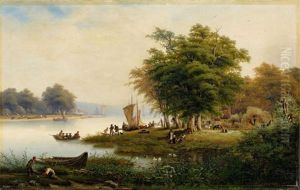 Bewaldete Rheinlandschaft Mit Ausblick Auf Einen Hafen