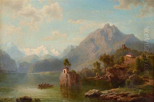 Gebirgssee Mit Boot Vor Einer Kleinen Kapelle - view 1