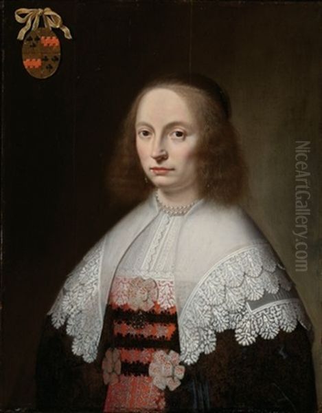 A Portrait Of A Lady Of The Beljaart Family, Half Length, Wearing A Black And Red Embroidered Dress With A White Lace Collar And Pearl Jewellery - view 1