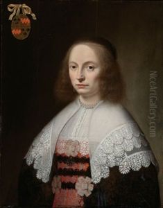 A Portrait Of A Lady Of The Beljaart Family, Half Length, Wearing A Black And Red Embroidered Dress With A White Lace Collar And Pearl Jewellery
