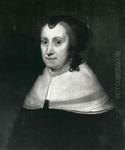 Portrait Of A Lady, Bust Length In A Black Dress With A White Collar And A Pearl Necklace by Paulus Hennekyn
