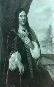 Portrait Of A Naval Officer, Standing, Three Quarter Length On A Draped Terrace, Wearing A Green Velvet Coat, A White by Paulus Hennekyn