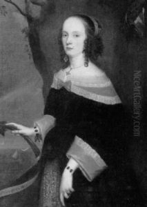 Portrait Of A Lady, Standing Three-quarter Length, Wearing  A Black And White Costume, Holding An Anchor