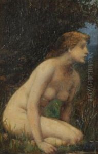 A Nude Girl Kneeling By A Riverbank by Jean Jacques Henner