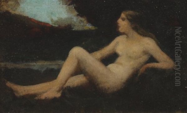 Nude Girl Reclining By A River - view 1