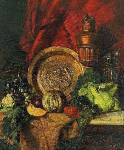 Stilleben Mit Beckenschlagerschale, Obst, Gemuse Und Krug, Malerisch Arrangiert by Leopold Bara