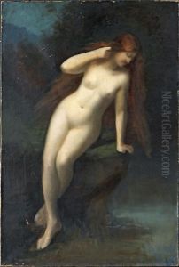Rothaariger Frauenakt Sein Spiegelbild Im Wasser Betrachtend