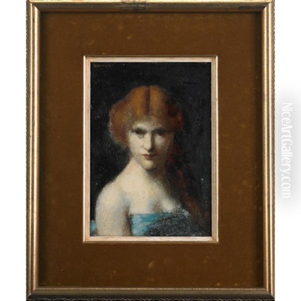 Woman With Red Hair Tied Back Wearing A Blue Dress - view 1