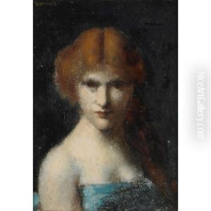Woman With Red Hair Tied Back Wearing A Blue Dress by Jean Jacques Henner