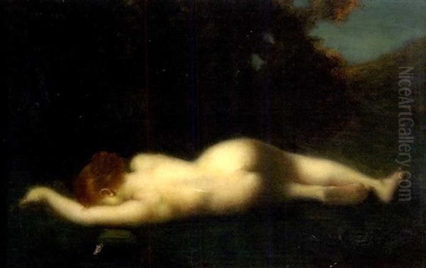 Jeune Femme Nue Allongee Dans Un Pre Se Mirant Dans Un Ruisseau - view 1