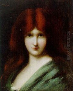 Red Haired Beauty Wearing A Green Shawl by Jean Jacques Henner