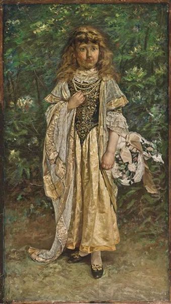Portrait Of Moya Hennessey, The Artist's Daughter, Aged About 10, Standing Full Length, In An Elaborate Costume And Carrying A Basket Of Flowers - view 1