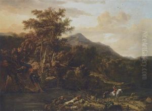 An Italianate Mountain Landscape With A Sportsman And His Attendant By A River