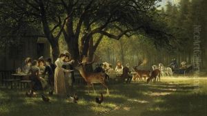 Spater Nachmittag Im Park Von Schlos Nymphenburg. Familien An Den Tischen Einer Waldschanke