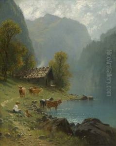 Hirte Mit Vieh Am Gebirgssee