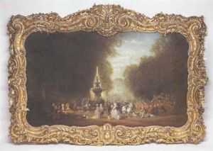 Rokokogesellschaft Vor Schlossparkanlage Mit Springbrunnen