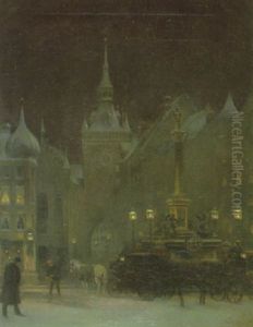 Der Marienplatz In Munchen In Einer Winternacht Mit Blick Auf Droschken, Mariensaule Und Altes Rathaus