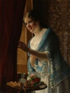 Young Woman Looking Out Of The Window In Anticipation by Christian Pram Henningsen