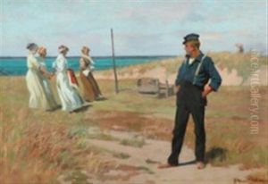 Beach Scene With A Young Man Looking At Four Young Women by Erik Ludwig Henningsen