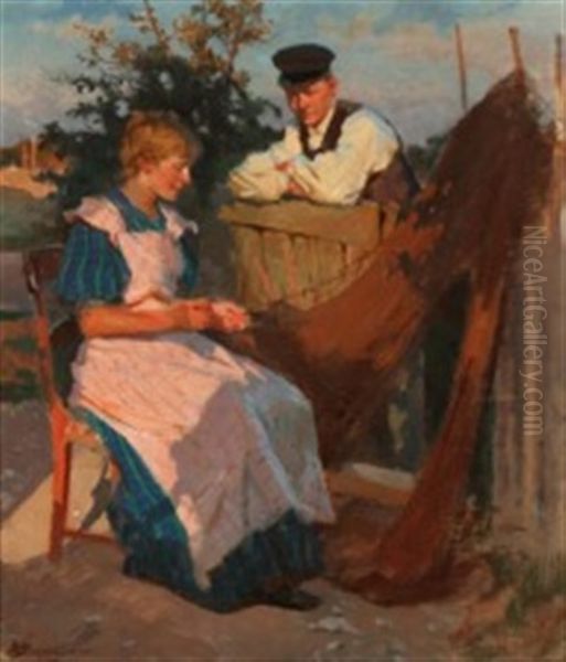 A Girl Is Repairing The Fishing Net, While A Young Man Is Watching - view 1