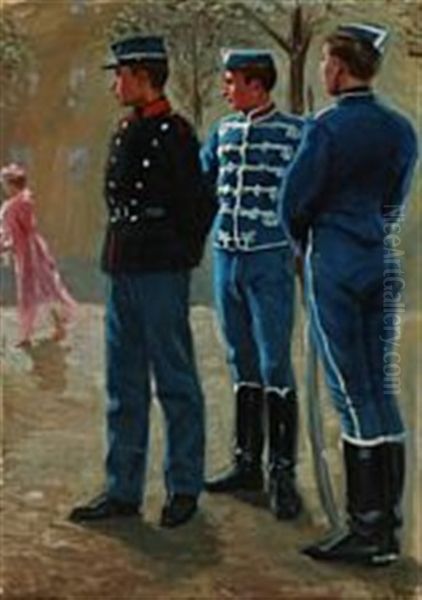 Three Soldiers Admiring A Woman Dressed In Pink - view 1
