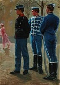 Three Soldiers Admiring A Woman Dressed In Pink