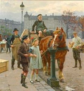Street Scene From Copenhagen With Children Watering A Horse by Erik Ludwig Henningsen