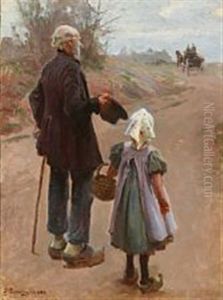 A Little Girl And Her Grandfather Watching The Stage Coach In The Distance by Erik Ludwig Henningsen