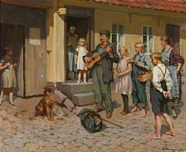 A Street Musician In Front Of His Audience - view 1