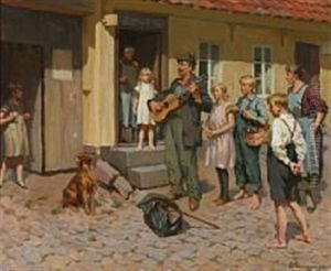 A Street Musician In Front Of His Audience by Erik Ludwig Henningsen