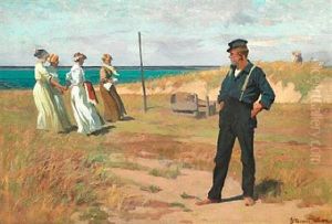 Beach Scene With A Young Fisherman Looking At Four Elegant Young Women by Erik Ludwig Henningsen
