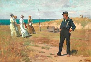 Beach Scene With A Young Man With His Hands In His Pockets And His Cap Askew Looking At Four Young Women by Erik Ludwig Henningsen